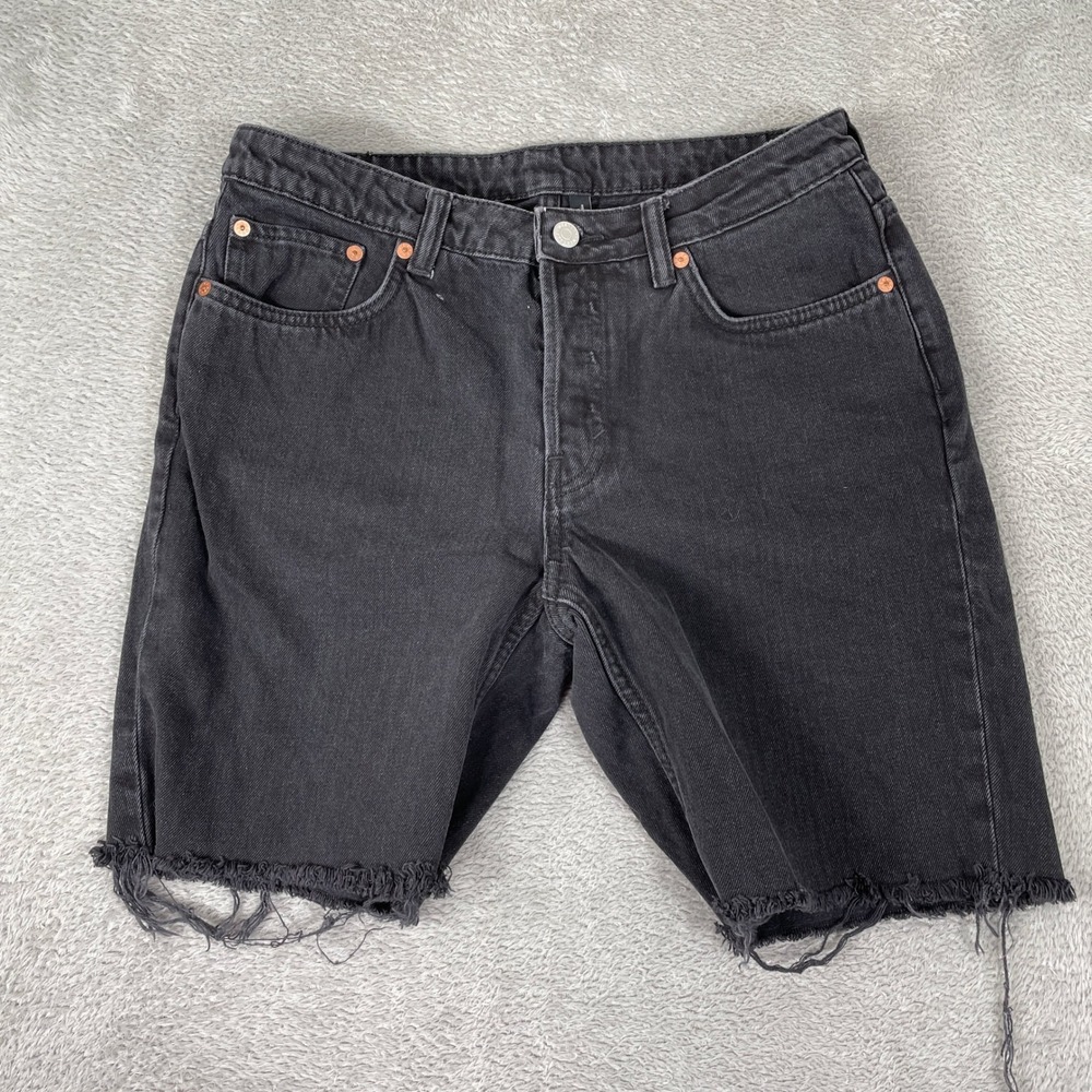 Weekday Pin Denim Shorts Mens 30 Black Raw Hem Straight Fit Cut Off Skater